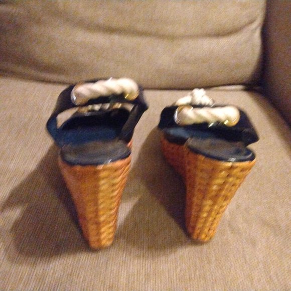 ❤️TORY BURCH Navy Blue Nautical Wicker Wedge Slingback Shoes 8 1/2 - Picture 5 of 7